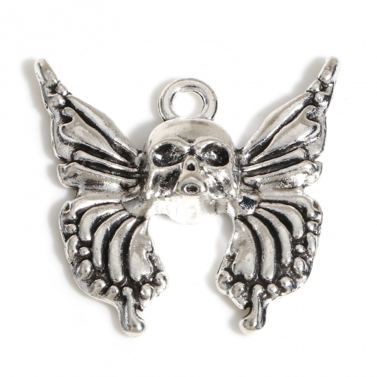 Picture of Zinc Based Alloy Halloween Charms Antique Silver Color Butterfly Animal Skull 26mm x 26mm, 20 PCs