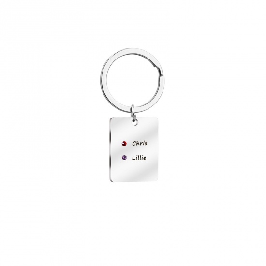 Picture of 1 Piece 304 Stainless Steel Birthstone Blank Stamping Tags Keychain & Keyring Silver Tone Rectangle 62mm x 22mm