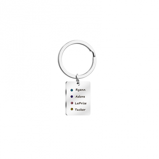 Picture of 1 Piece 304 Stainless Steel Birthstone Blank Stamping Tags Keychain & Keyring Silver Tone Rectangle 62mm x 22mm