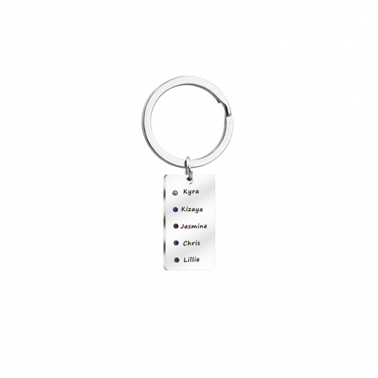 Picture of 1 Piece 304 Stainless Steel Birthstone Blank Stamping Tags Keychain & Keyring Silver Tone Rectangle 72mm x 22mm