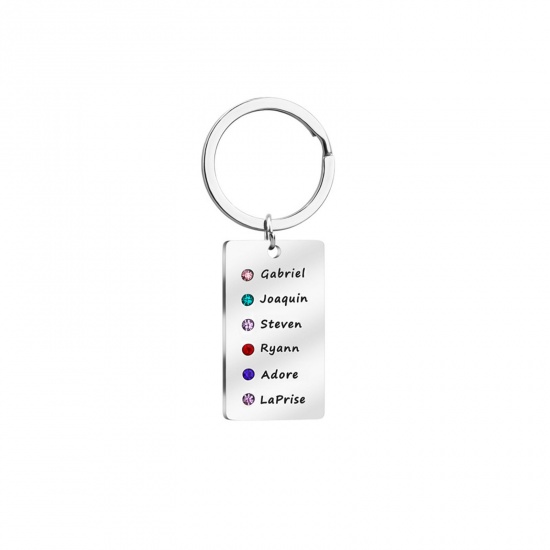 Picture of 1 Piece 304 Stainless Steel Birthstone Blank Stamping Tags Keychain & Keyring Silver Tone Rectangle 72mm x 22mm