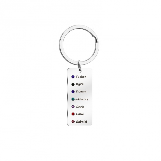 Picture of 1 Piece 304 Stainless Steel Birthstone Blank Stamping Tags Keychain & Keyring Silver Tone Rectangle 82mm x 22mm