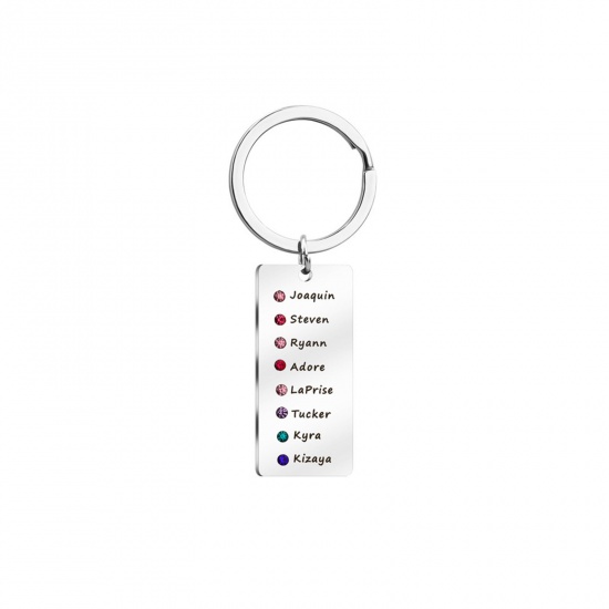 Picture of 1 Piece 304 Stainless Steel Birthstone Blank Stamping Tags Keychain & Keyring Silver Tone Rectangle 82mm x 22mm