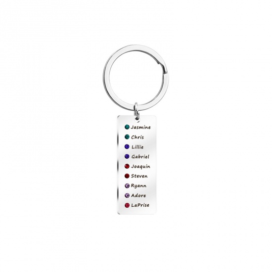 Picture of 1 Piece 304 Stainless Steel Birthstone Blank Stamping Tags Keychain & Keyring Silver Tone Rectangle 87mm x 22mm