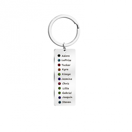 Picture of 1 Piece 304 Stainless Steel Birthstone Blank Stamping Tags Keychain & Keyring Silver Tone Rectangle 92mm x 22mm