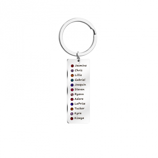 Picture of 1 Piece 304 Stainless Steel Birthstone Blank Stamping Tags Keychain & Keyring Silver Tone Rectangle 92mm x 22mm