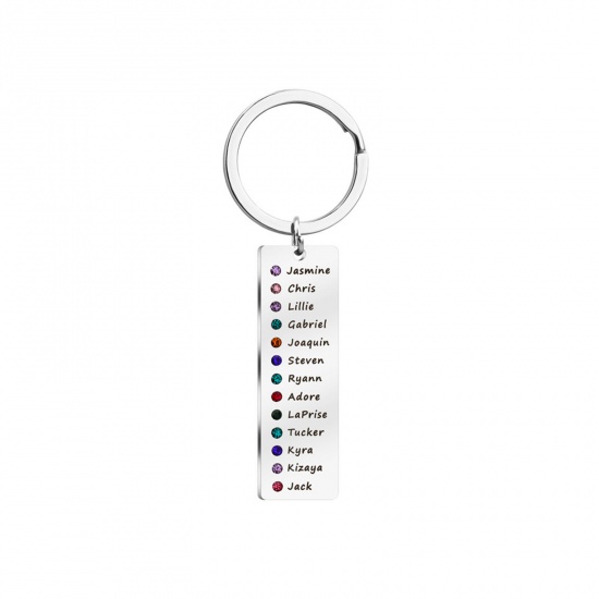 Picture of 1 Piece 304 Stainless Steel Birthstone Blank Stamping Tags Keychain & Keyring Silver Tone Rectangle 92mm x 22mm