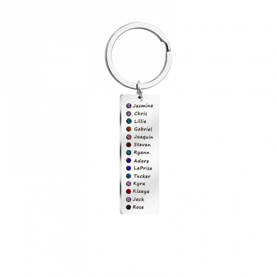 Picture of 1 Piece 304 Stainless Steel Birthstone Blank Stamping Tags Keychain & Keyring Silver Tone Rectangle 97mm x 22mm