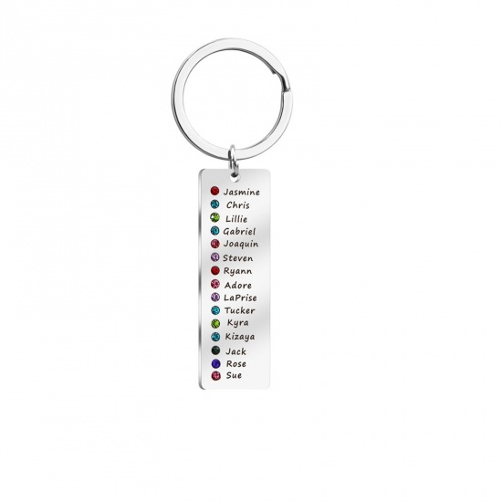 Picture of 1 Piece 304 Stainless Steel Birthstone Blank Stamping Tags Keychain & Keyring Silver Tone Rectangle 97mm x 22mm