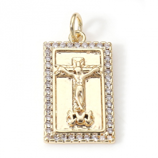 Immagine di Ottone Religione Charms Rettangolo 18K Vero Oro Placcato Gesù Micro Spianare Trasparente Cubic Zirconiae 23.5mm x 12mm, 2 Pz