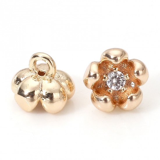 Imagen de Latón Colgantes Charms Flor 18K Oro Real Chapado 3D Claro Circón Artificial 6mm x 5mm, 2 Unidades
