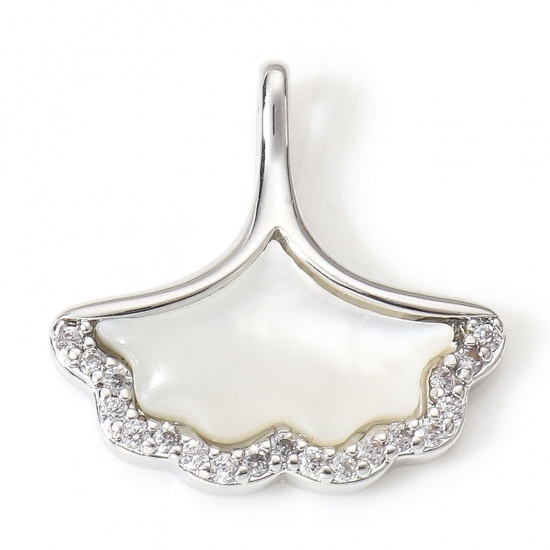 Picture of Shell & Brass Micro Pave Charms Real Platinum Plated Gingko Leaf Clear Cubic Zirconia 15.5mm x 15mm, 1 Piece