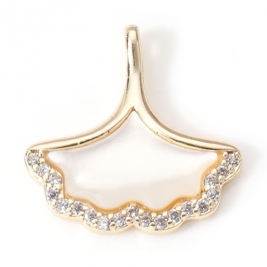 Picture of Shell & Brass Micro Pave Charms 18K Real Gold Plated Gingko Leaf Clear Cubic Zirconia 15.5mm x 15mm, 1 Piece