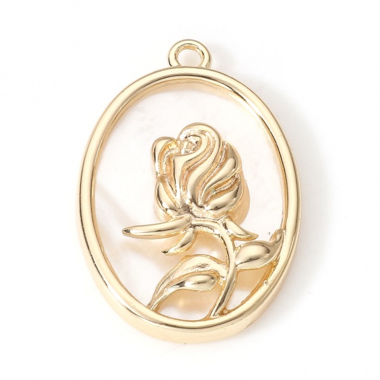 Picture of Shell & Brass Valentine's Day Charms 18K Real Gold Plated Oval Rose Flower 21mm x 14.5mm, 1 Piece