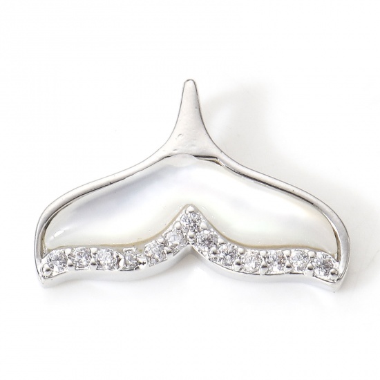 Picture of Shell & Brass Micro Pave Charms Real Platinum Plated Whale Tail Clear Cubic Zirconia 15.5mm x 10mm, 1 Piece