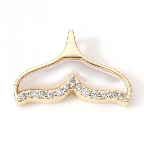 Picture of Shell & Brass Micro Pave Charms 18K Real Gold Plated Whale Tail Clear Cubic Zirconia 15.5mm x 10mm, 1 Piece