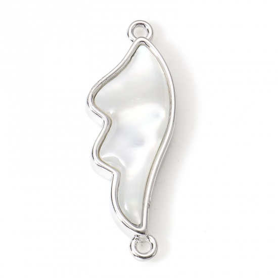 Bild von Muschel + Messing Steckverbinder Charms Anhänger Flügel Echt Platin plattiert 26,5mm x 9,5mm, 1 Stück