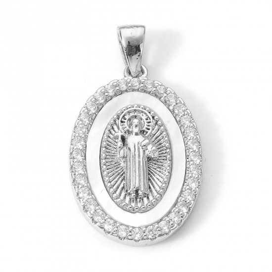 Image de 1 Pièce Pendentif Breloque Religieux en Laiton Ovale Jésus Micro Pave à Zircone Cubique Clair 26mm x 14.5mm
