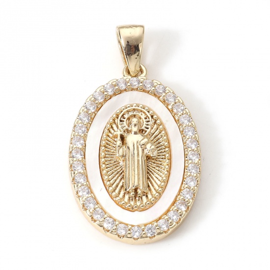Image de 1 Pièce Pendentif Breloque Religieux en Laiton Ovale Jésus Micro Pave à Zircone Cubique Clair 26mm x 14.5mm