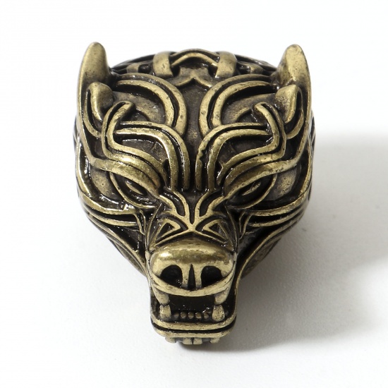 Picture of Brass Retro Spacer Beads For DIY Charm Jewelry Making Antique Bronze Wolf Carved Pattern 3D 20mm x 16mm, Hole: Approx 6mm, 1 Piece                                                                                                                            