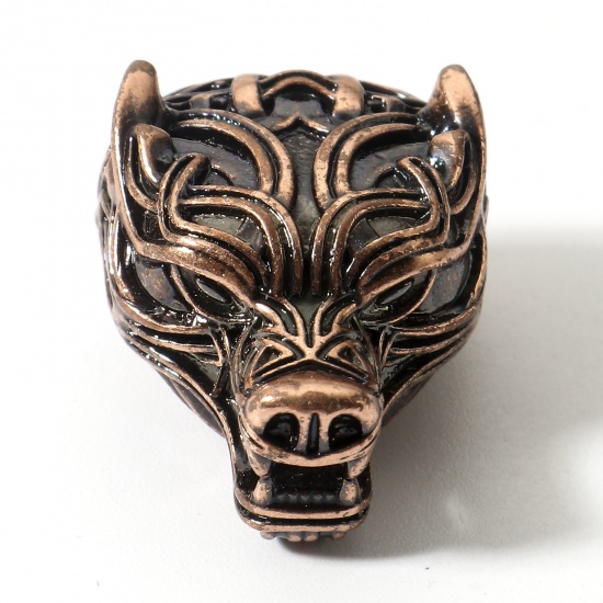 Picture of Brass Retro Spacer Beads For DIY Charm Jewelry Making Antique Copper Wolf Carved Pattern 3D 20mm x 16mm, Hole: Approx 6mm, 1 Piece                                                                                                                            