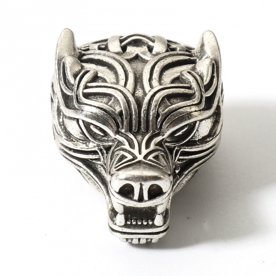 Picture of Brass Retro Spacer Beads For DIY Charm Jewelry Making Antique Silver Color Wolf Carved Pattern 3D 20mm x 16mm, Hole: Approx 6mm, 1 Piece                                                                                                                      