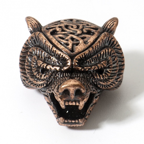 Picture of Brass Retro Spacer Beads For DIY Charm Jewelry Making Antique Copper Wolf Carved Pattern 3D 19mm x 16mm, Hole: Approx 6mm, 1 Piece                                                                                                                            