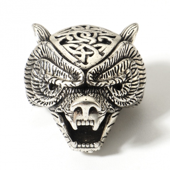 Picture of Brass Retro Spacer Beads For DIY Charm Jewelry Making Antique Silver Color Wolf Carved Pattern 3D 19mm x 16mm, Hole: Approx 6mm, 1 Piece                                                                                                                      