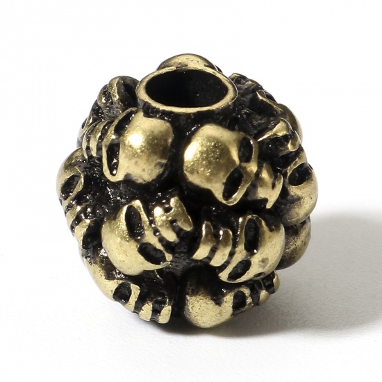 Picture of Brass Retro Spacer Beads For DIY Charm Jewelry Making Antique Bronze Round Skull 3D 10mm Dia., Hole: Approx 3mm, 1 Piece                                                                                                                                      
