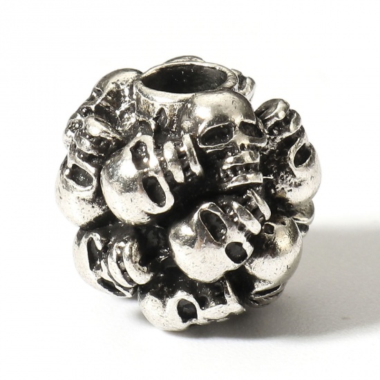Picture of Brass Retro Spacer Beads For DIY Charm Jewelry Making Antique Silver Color Round Skull 3D 10mm Dia., Hole: Approx 3mm, 1 Piece                                                                                                                                