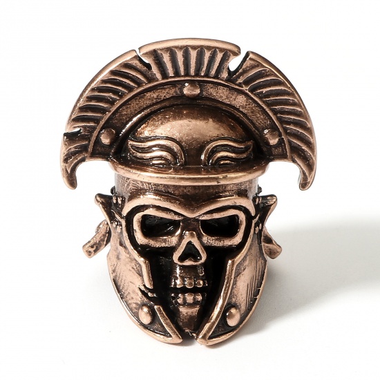 Picture of Brass Retro Spacer Beads For DIY Charm Jewelry Making Antique Copper Skull 3D 27mm x 23mm, Hole: Approx 4mm, 1 Piece                                                                                                                                          