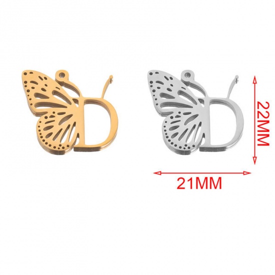 Image de Breloques en 304 Acier Inoxydable Argent Mat Papillons Gravé Mots" D " 21mm x 22mm , 2 Pcs