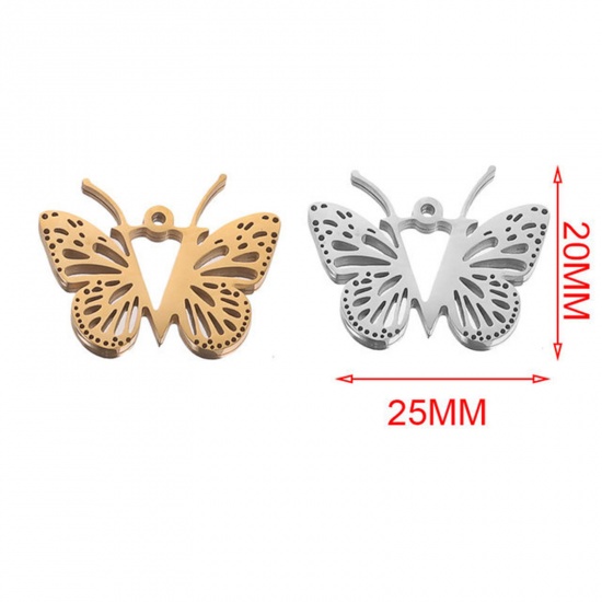 Image de Breloques en 304 Acier Inoxydable Plaqué Or 18K Papillons Gravé Mots" V " 25mm x 20mm , 2 Pcs