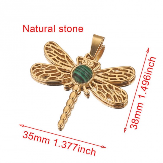 Picture of 304 Stainless Steel & Gemstone Charms 18K Gold Plated Green Dragonfly Animal Hollow 35mm x 38mm, 1 Piece