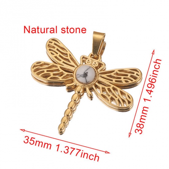 Picture of 304 Stainless Steel & Gemstone Charms 18K Gold Plated White Dragonfly Animal Hollow 35mm x 38mm, 1 Piece