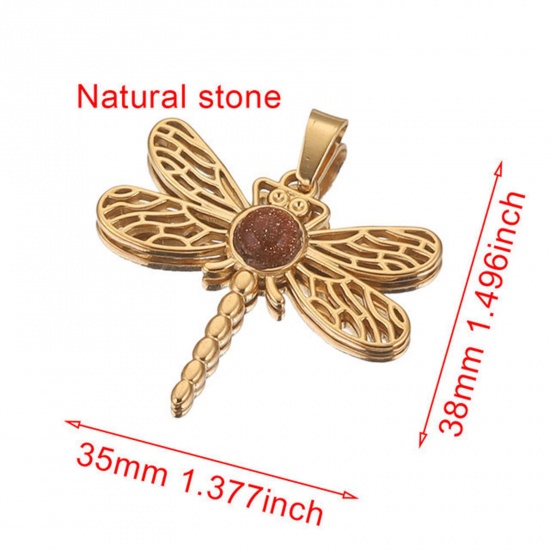 Picture of 304 Stainless Steel & Gemstone Charms 18K Gold Plated Brown Dragonfly Animal Hollow 35mm x 38mm, 1 Piece