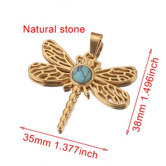 Picture of 304 Stainless Steel & Gemstone Charms 18K Gold Plated Lake Blue Dragonfly Animal Hollow 35mm x 38mm, 1 Piece