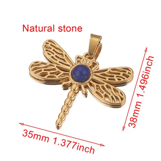 Picture of 304 Stainless Steel & Gemstone Charms 18K Gold Plated Blue Dragonfly Animal Hollow 35mm x 38mm, 1 Piece