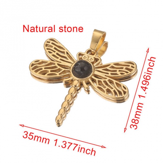 Picture of 304 Stainless Steel & Gemstone Charms 18K Gold Plated Black Dragonfly Animal Hollow 35mm x 38mm, 1 Piece