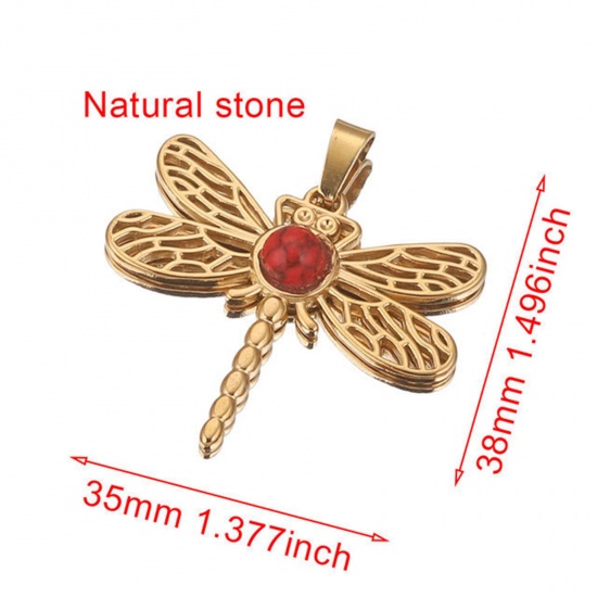 Picture of 304 Stainless Steel & Gemstone Charms 18K Gold Plated Red Dragonfly Animal Hollow 35mm x 38mm, 1 Piece