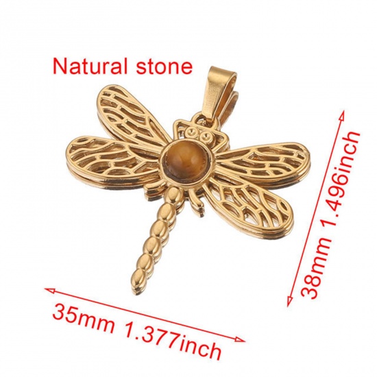 Picture of 304 Stainless Steel & Gemstone Charms 18K Gold Plated Brown Dragonfly Animal Hollow 35mm x 38mm, 1 Piece