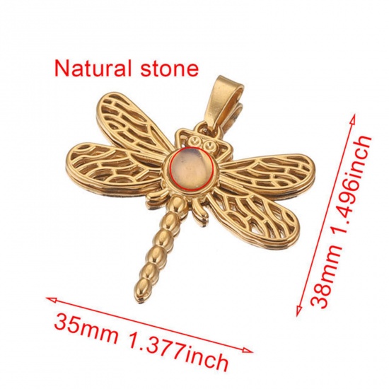 Picture of 304 Stainless Steel & Gemstone Charms 18K Gold Plated Orange Dragonfly Animal Hollow 35mm x 38mm, 1 Piece