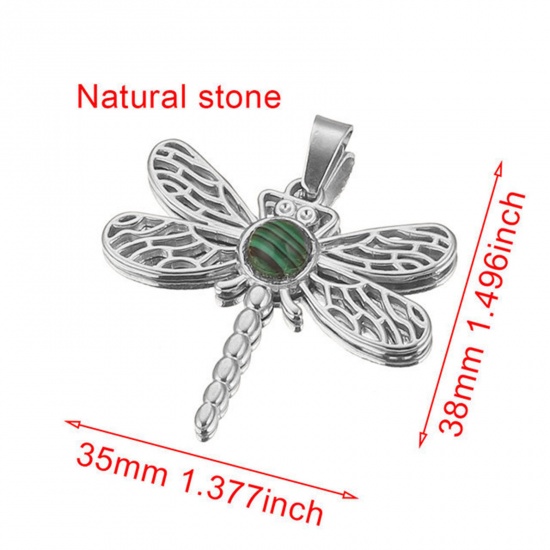 Picture of 304 Stainless Steel & Gemstone Charms Silver Tone Green Dragonfly Animal Hollow 35mm x 38mm, 1 Piece