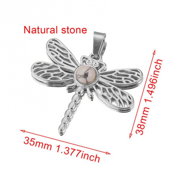 Picture of 304 Stainless Steel & Gemstone Charms Silver Tone White Dragonfly Animal Hollow 35mm x 38mm, 1 Piece