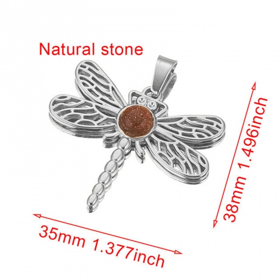 Picture of 304 Stainless Steel & Gemstone Charms Silver Tone Brown Dragonfly Animal Hollow 35mm x 38mm, 1 Piece