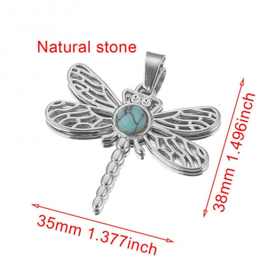 Picture of 304 Stainless Steel & Gemstone Charms Silver Tone Lake Blue Dragonfly Animal Hollow 35mm x 38mm, 1 Piece