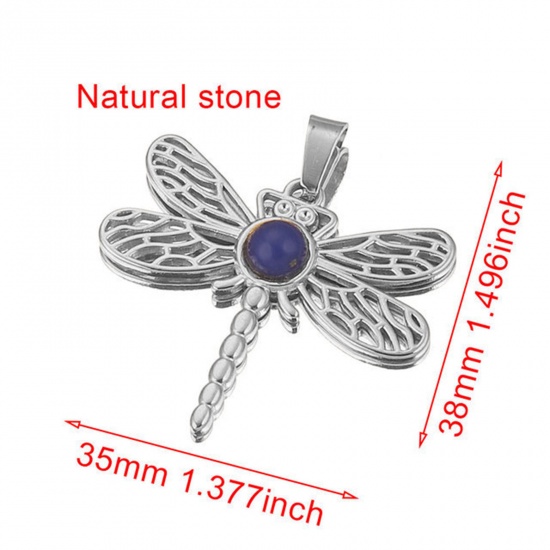 Picture of 304 Stainless Steel & Gemstone Charms Silver Tone Blue Dragonfly Animal Hollow 35mm x 38mm, 1 Piece