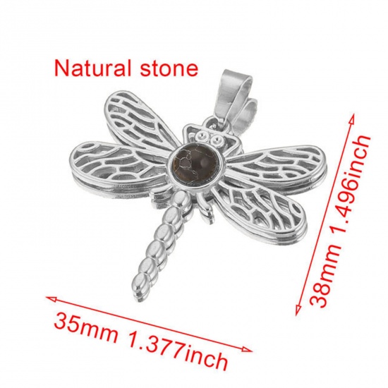 Picture of 304 Stainless Steel & Gemstone Charms Silver Tone Black Dragonfly Animal Hollow 35mm x 38mm, 1 Piece