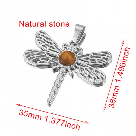 Picture of 304 Stainless Steel & Gemstone Charms Silver Tone Brown Dragonfly Animal Hollow 35mm x 38mm, 1 Piece