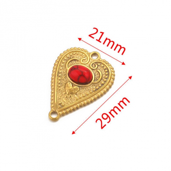Picture of 304 Stainless Steel & Gemstone Connectors Charms Pendants 18K Gold Plated Red Heart 29mm x 21mm, 1 Piece